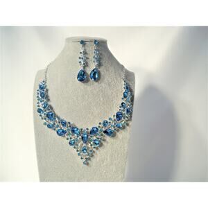 Aqua blue rhinestone necklace set, wedding MOB prom homecoming evening necklace